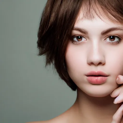 Image similar to portrait shot of a beautiful girl with puffy lips, squarish face, short hair