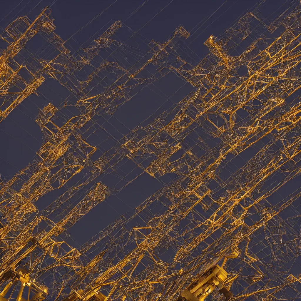 Prompt: low angle shot of a massive, complex electrical power station made of shiny metal, transformers, powerlines, insulators, volumetric lights, sparks firing, wires glowing, 8 k, ultra realistic, photorealistic, maxwell render, arnold render, golden ratio, night lights