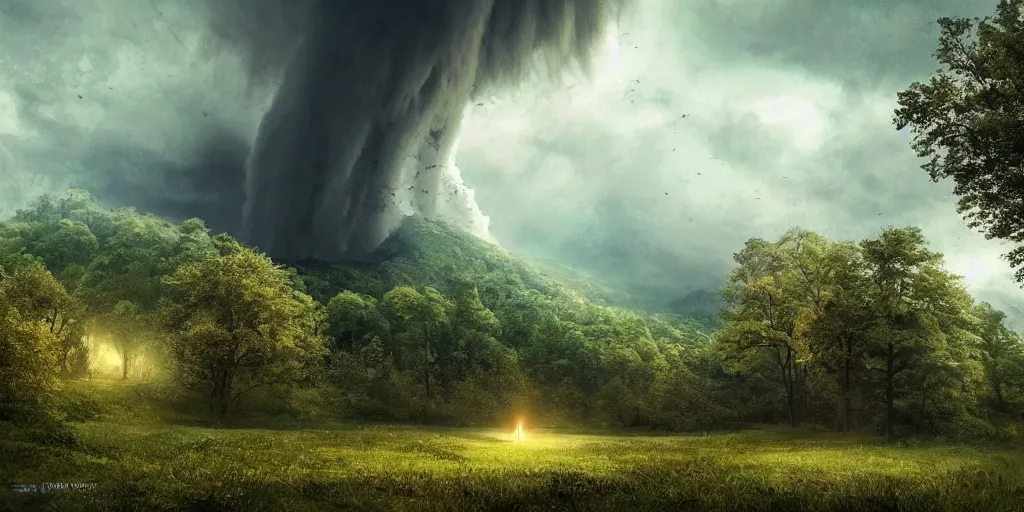 Image similar to A tornado in a beautiful scenic landscape, nature, trees, wide angle, super highly detailed, professional digital painting, artstation, concept art, smooth, sharp focus, no blur, no dof, extreme illustration, Unreal Engine 5, Photorealism, HD quality, 8k resolution, cinema 4d, 3D, beautiful, cinematic, art by artgerm and greg rutkowski and alphonse mucha and loish and WLOP