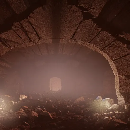 Image similar to underground cavernous necropolis with a lone beam of light illuminating it, digital painting, cinematic lighting, photorealistic