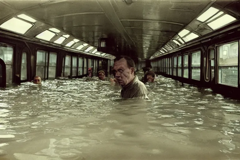 Image similar to Almost completely flooded metro wagon. Photo from inside the wagon, in the center of the frame stands one calm man up to his chest in water and looks at the camera. Warm lighting, old color photo, USSR, extremely detailed, 8k, vintage color