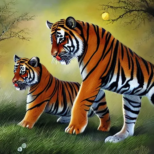 Prompt: tigers playing together, fantasy art