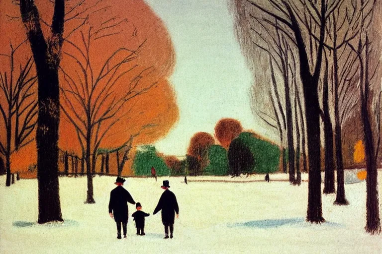 Image similar to a very tall man named John with dark hair holding the hands of a short young boy named Alex with dark hair as they walk in a park on a bright beautiful winter day. part in the style of an edgar degas painting. part in the style of david hockney