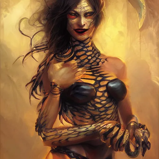 Image similar to snake woman hybrid, long, black scales, bright amber eyes, chest coverd, scales on her chest, smileing happy, cinematographic shot, by daniel f. gerhartz