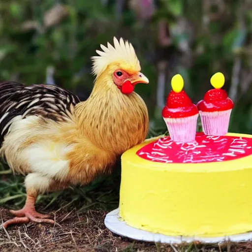 Prompt: a light yellowish downed baby chick is standing beside a rooster and a tiny birthday cake