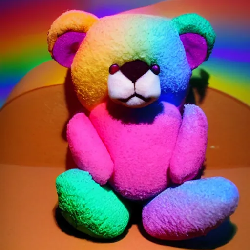 Image similar to teddy bear vomiting rainbow, photorealistic
