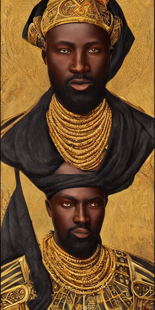 Image similar to a stunning and noble highly detailed romantic period style portrait of Mansa Musa by Josep Tapiró Baró, trending on artstation, oil painting masterpiece, symmetry, African iconography