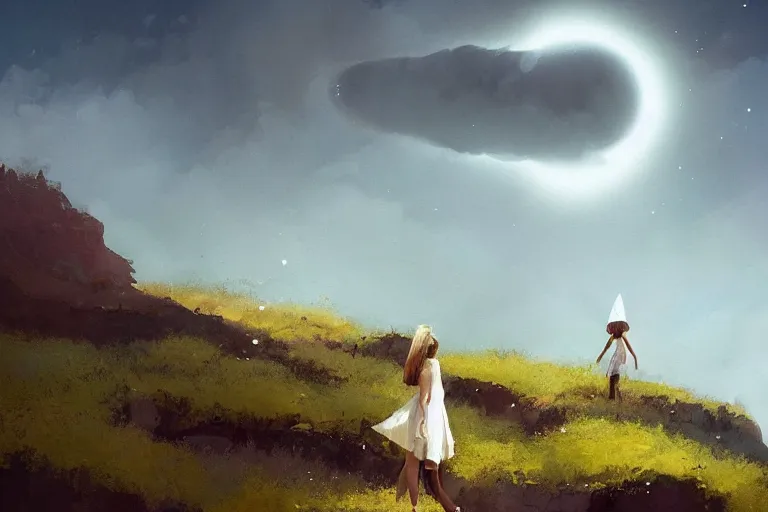 Image similar to giant white daisy flower under the head, girl standing on cliff, surreal photography, solar eclipse, milky way, dramatic light, impressionist painting, clouds, digital painting, artstation, james gilleard, liam wong, jeremy mann, simon stalenhag