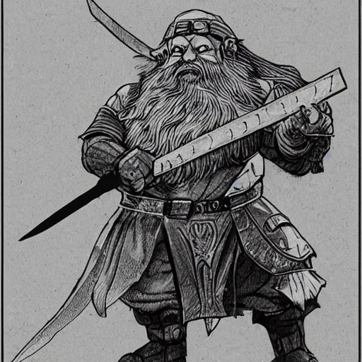 Prompt: line drawing of a fantasy dwarf fighter with a huge iron axe, sunny day, matte painting, bold shapes, hard edges, 7 0 s dungeons and dragons book cover art by greg irons, dave sutherland