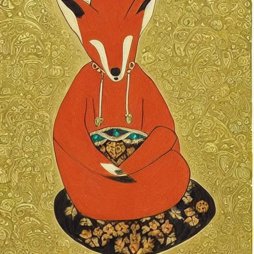 Image similar to An anthropomorphic fox in a silk robe sitting inside a lavish mosque, beautiful painting