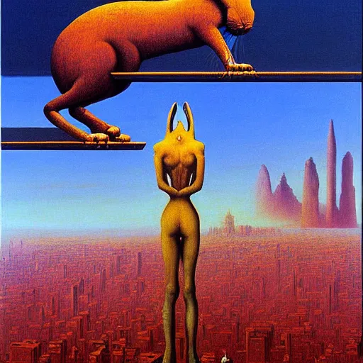 Image similar to a giant rabbit stands over a city painting by beksinski, by larry elmore, dali and barlowe colors. masterpiece painting