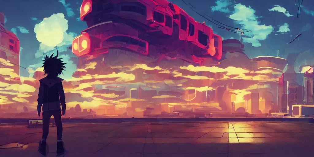 Image similar to Shadow the Hedgehog, Portrait, Very Cloudy Sky, Sun, Neon Lights, Subject in Middle, Subject in center, Rule of Thirds, Retrofuturism, Studio Ghibli, Simon Stålenhag