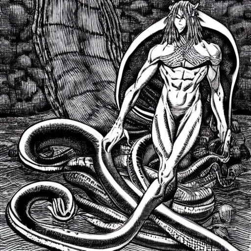 Image similar to a male naga, serpent body, kentaro miura art style