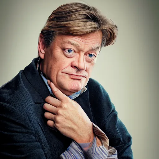 Image similar to uhd candid photo of stephen j. fry, with accurate face, uhd, studio lighting, correct face, photo by annie leibovitz
