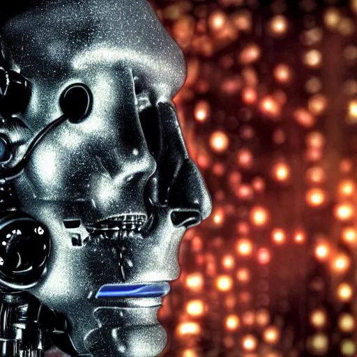 Image similar to extremely detailed portrait of a terminator's head, packed with cybernetics and and borg enhancements and has lit optic fibers inside. In a forest with bokeh. No plating.