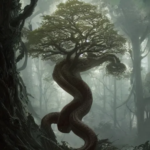 Prompt: a tree in the shape of a snake, by greg rutkowski, magic the gathering, highly detailed, matte painting, digital art