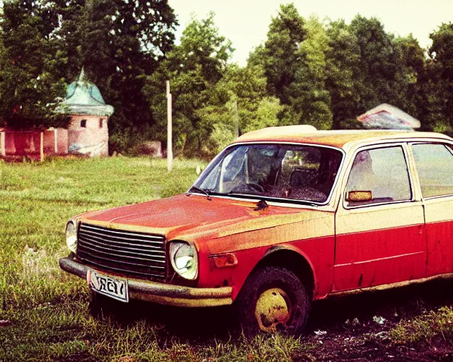 Image similar to a lomographic photo of old lada 2 1 0 7 standing in typical soviet yard in small town, hrushevka on background, cinestill, bokeh