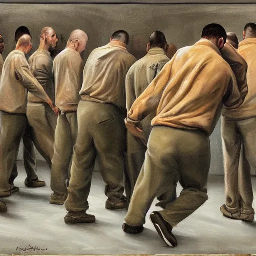 Image similar to hyperrealism painting of prisoners trying to escape prison while guards are distracted