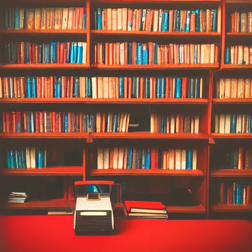 Prompt: Vintage analog poloroid of cluttered desk in massive impressive library, coffee, warm azure tones, red color bleed, film grain, beautiful, brilliant