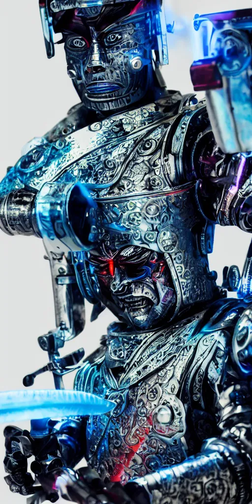 Image similar to a photo of cyborg samurai posing with a blue katana, futuristic, holographic, 8k, sharp focus, fujifilm