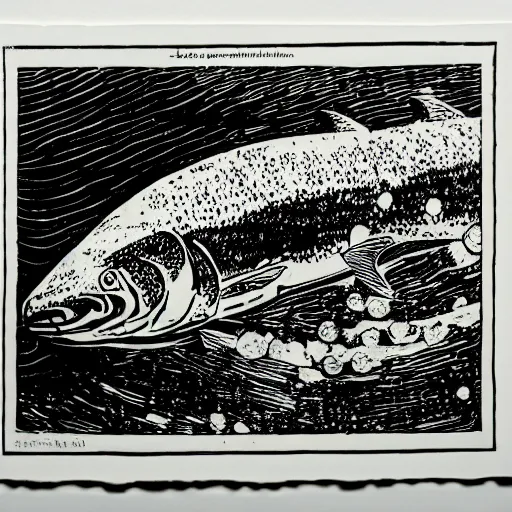 Image similar to linoprint of a salmon breaking ice ex libris