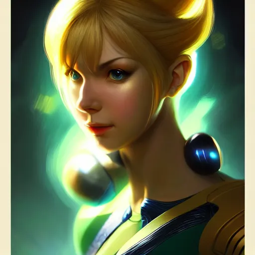 Image similar to portrait of Zero suit Samus as League of Legends character, digital illustration portrait, dark fantasy, medium shot, intricate, elegant, highly detailed, digital painting, volumetric light, artstation, concept art, smooth, sharp focus, illustration, art by Gil Elvgren and Greg Rutkowski and Alphonse Mucha