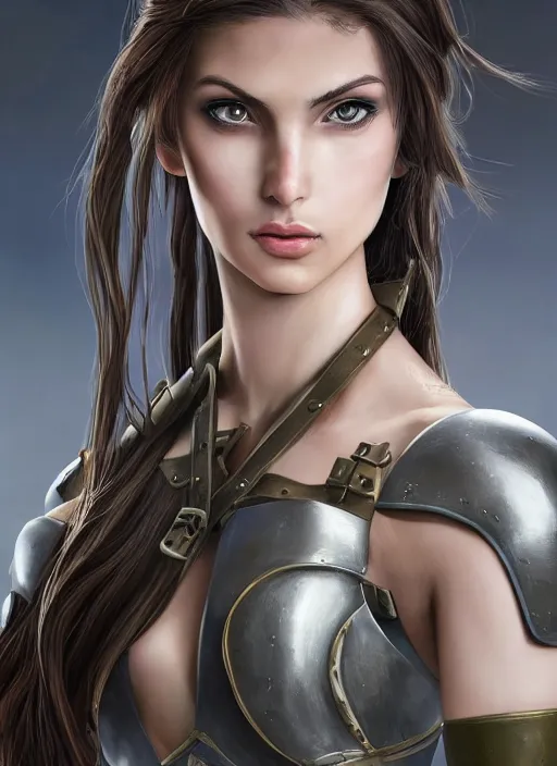 Prompt: a professionally painted portrait of an attractive young girl, partially clothed in battle armor, olive skin, long dark hair, beautiful bone structure, perfectly proportioned, nubile body, symmetrical facial features, intricate, elegant, heroic pose, digital painting, concept art, smooth, sharp focus, finely detailed, beautifully framed, from Metal Gear, in the style of Artgerm and Greg Rutkowski and William-Adolphe Bouguerea