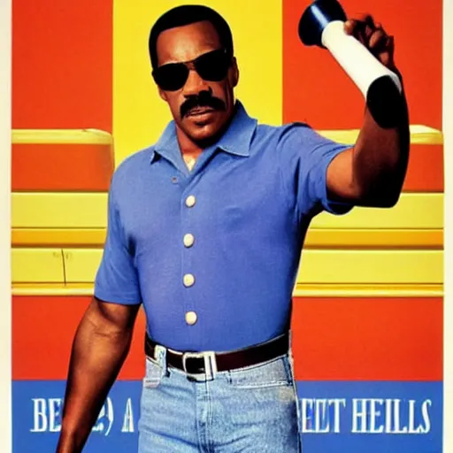 Prompt: a 8 0's movie poster starring eddie murphy as a plumber holding a plunger, toliet. the movie is titled beverly hills crap