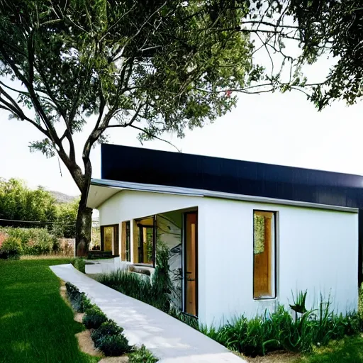 Prompt: Modern Farmhouses in small villa, garden, white block fence, nesting glass doors, greenery growing, white plank siding, galvalume metal roofing, simple gable roofs, lush landscaping, sunny, napa,