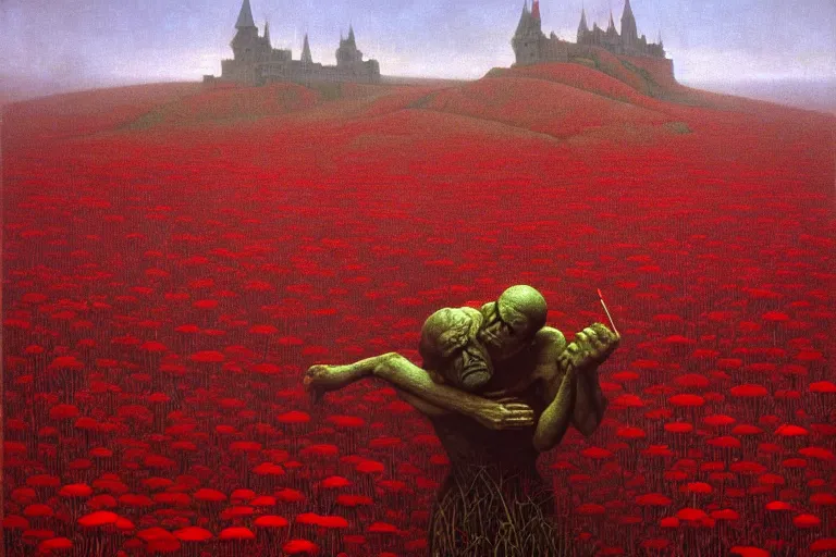 Image similar to only with red, red flowers of different types, a castle in the background, red orcs and trolls dance over the flowers, in the style of beksinski, part by hopper, part by rodcenko, part by hofbauer, intricate composition, red by caravaggio, insanely quality, highly detailed, masterpiece, red light, artstation, 8 k