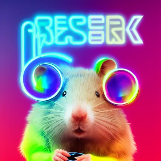 Image similar to cyberpunk hamster! holding rainbow! gem! crystal, neon lights, light reflection, 8 k, hd