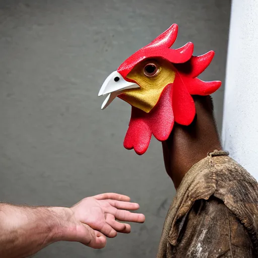 Prompt: prisoner using a chicken head