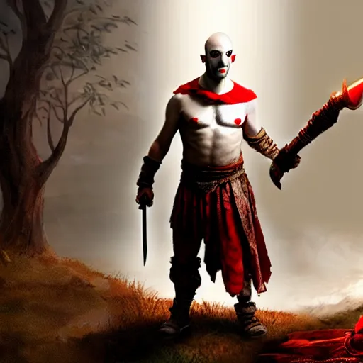 Image similar to mr. bean as kratos from god of war. movie still. cinematic lighting.