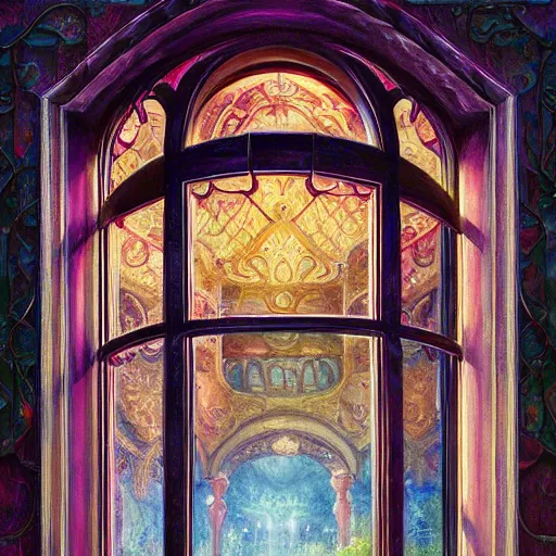 Image similar to digital illustration of a beautiful window open front view, complete window!, realistic, aesthetic, vintage frame window, ornate, russian style, colorful architectural drawing, a watercolor and matte painting by mark keathley and mandy jurgens and charlie bowater, cgsociety, artdeco, utopia art, bold colors, sci - fi, artstation hq