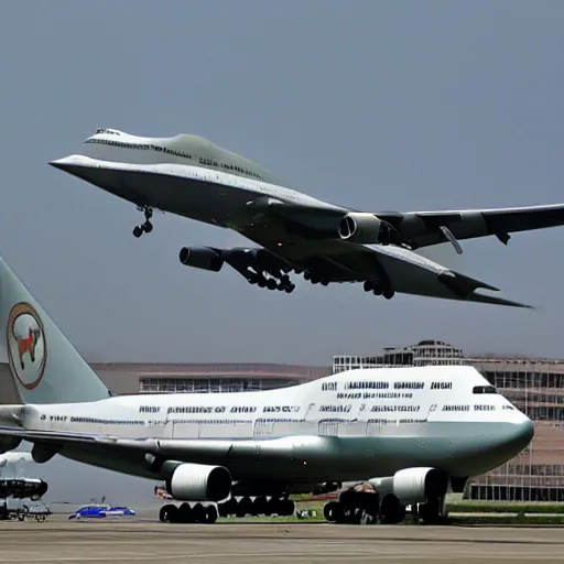 Image similar to boeing 7 4 7, weaponized, air to air missiles, minigun, military livery, combat ready