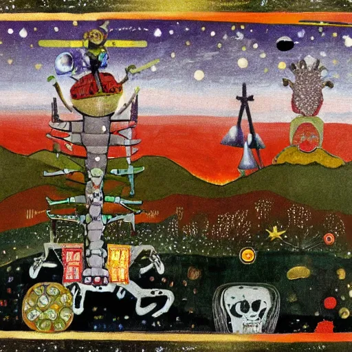 Image similar to pixel decollage painting tarot lovers card composition tower of babel road red armor maggot bear and wonky alien frog skeleton knight on a horse in a dark red cloudy night sky with golden foil jewish stars, occult symbols and diamonds, mountain lake and blossoming field in background, painted by Mark Rothko, Helen Frankenthaler, Danny Fox and Hilma af Klint, pixelated, neo expressionism, semi naive, pastel colors, cinematic, color field painting, cave painting, voxel, pop art look, outsider art, minimalistic. Bill Traylor painting, part by Philip Guston and Francis Bacon. art by Adrian Ghenie, very coherent symmetrical artwork, cinematic, hyper realism, high detail, octane render, unreal engine, Smooth gradients, depth of field, full body character drawing, extremely detailed, 8k, extreme detail, intricate detail, masterpiece