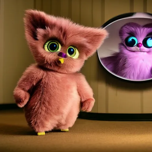 Prompt: Found footage of a dimly lit bedroom with a single furby sitting in the center of the room, staring menacingly at the camera with a bloody knife at its side.