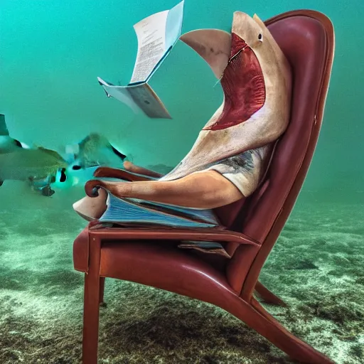 Image similar to a shark sitting in a chair reading a book underwater realistic hdr 8 k 3 5 mm