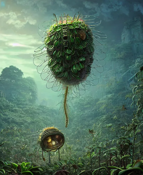 Image similar to a giant weird industrial plant made out of isopod dragonflies, in the style of a strange puffy spaceship, overgrown with disturbing orchids, partly cloudy, somber, dramatic lighting, by dan mumford, yusuke murata, makoto shinkai, ross tran, cinematic, unreal engine, cel shaded, featured on artstation, pixiv