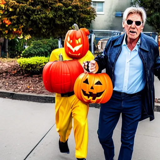 Image similar to harrison ford trick or treating on halloween, ( sony a 7 r iv, symmetric balance, polarizing filter, photolab, lightroom, 4 k, dolby vision, photography awardm, voque, perfect face )