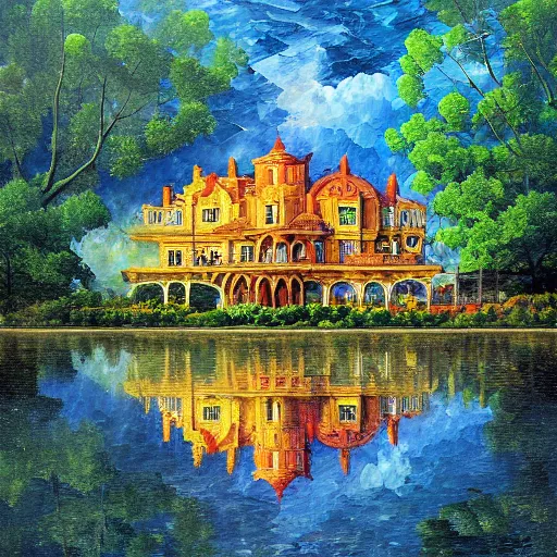 Image similar to lake photograph mansion digital art fantasy ornate depth of field nature photography by m. c. escher, leonid afremov, greg rutkowski, tim white, john howe, rob gonsalves, moebius, benoit mandelbrot