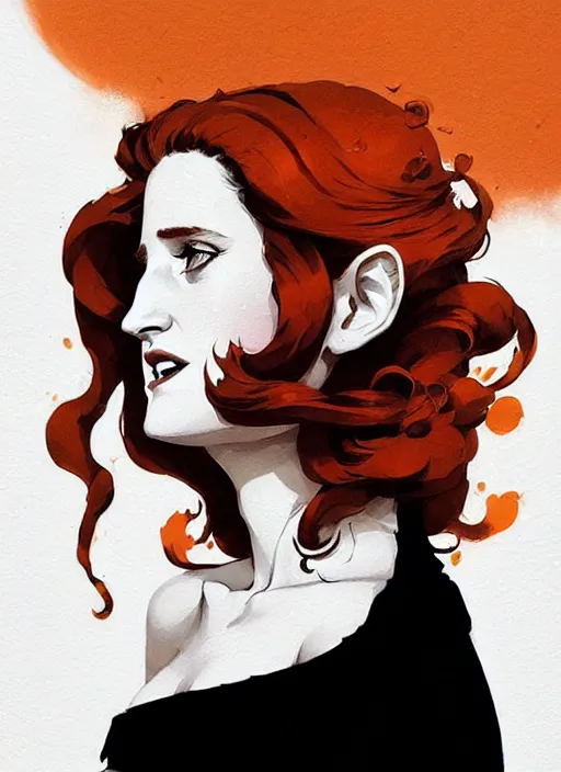 Image similar to highly detailed closeup portrait of beautiful grace gummer as dom dipierro, wavy ginger hair, black dress, by atey ghailan, by greg rutkowski, by greg tocchini, by james gilleard, by joe fenton, by kaethe butcher, gradient orange, black and white color scheme, grunge aesthetic!!! ( ( graffiti tag wall background ) )