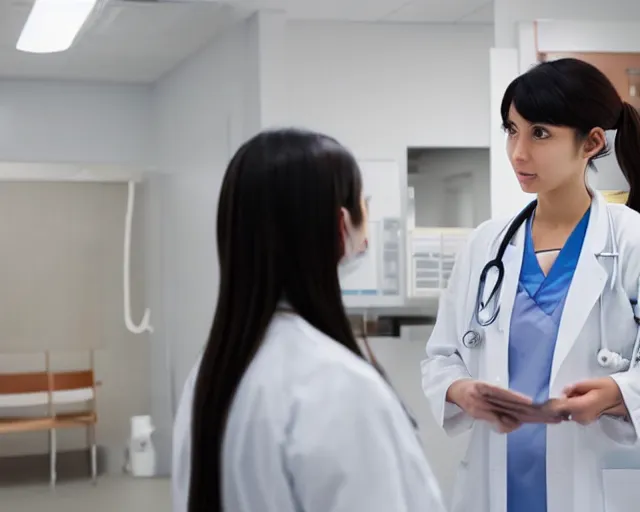 Image similar to a cute young female doctor wearing white coat are talking to a patient in a clinic room, slice of life anime, lighting, anime scenery by Makoto shinkai