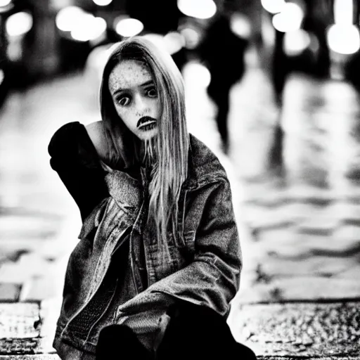 Prompt: black and white fashion photograph, highly detailed portrait of a depressed girl drug dealer on a Paris street at night, detailed face looking into camera, eye contact, natural light, long exposure, rain, mist, lomo, fashion photography, film grain, soft vignette, sigma 85mm f/1.4 1/10 sec shutter, Daren Aronofsky film still promotional image, IMAX 70mm footage