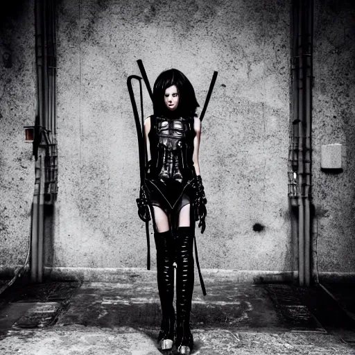 Image similar to fashion photography of an extraterrestrial model, holding a leather whip, wearing demobaza fashion, inside berghain, berlin fashion, harness, futuristic fashion, dark minimal outfit, photo 3 5 mm leica, hyperdetail, berghain, 8 k, very detailed, photo by nick knight