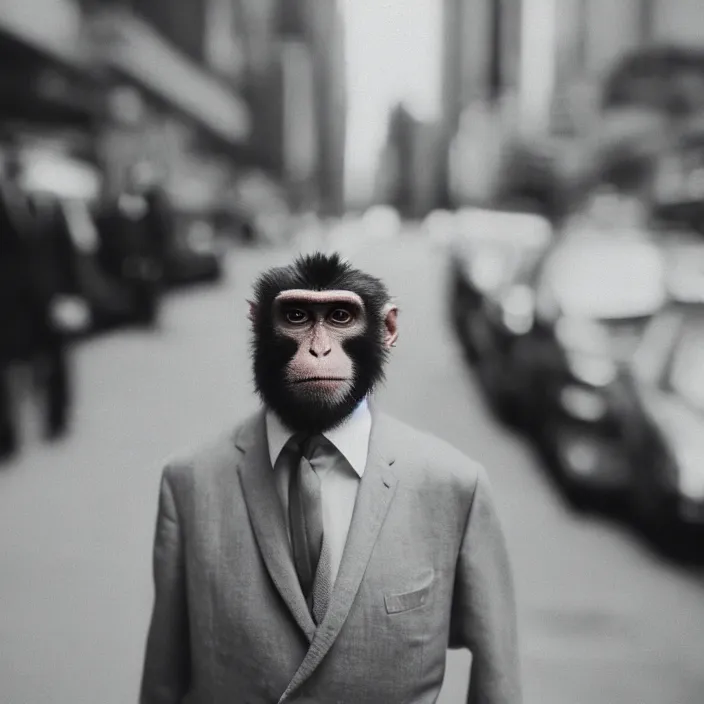 Prompt: medium format film portrait of a monkey wearing suit in new york by street photographer from the 1 9 6 0 s, hasselblad film bokeh portrait of man, portrait of business monkey featured on unsplash, soft light photographed on colour expired film