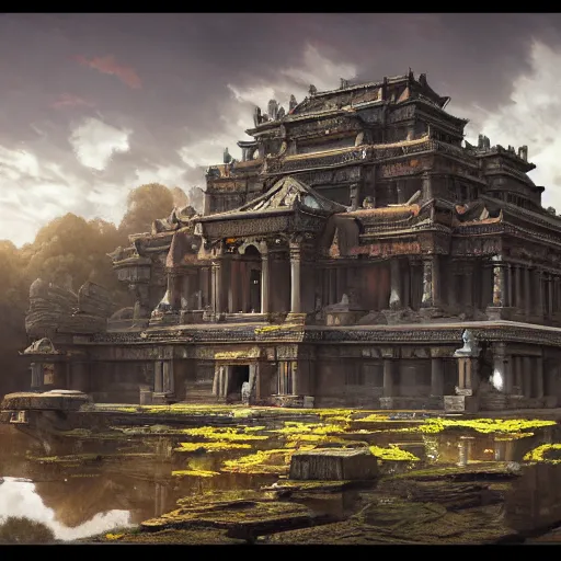 Prompt: beautiful matte render of a old temple by Andreas Rocha, Charles Perry, zack snyder, Dan Mumford and Albert Bierstadt, Trending on Deviantart ,intricate, rectilinear, ultrawide, 8K Resolution, digital art.