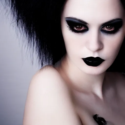 Prompt: a beautiful close - up shot of a goth woman, black hair, pale skin, sensual, beautiful soft light failling on her face, studio photography, in the style of victoria frances