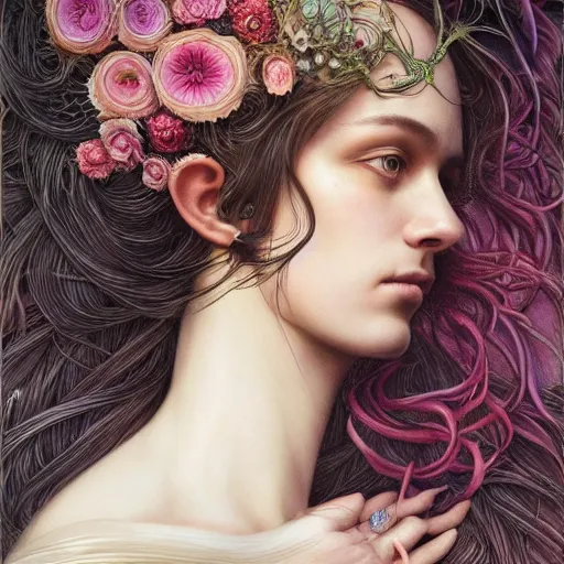 Prompt: portrait of a young pretty woman in flowing dress, arrogant, mysterious, long fine flowing hair, delicate, looking at camera, realistic face, intricate, stylish, elegant, grimdark, flowers, extremely detailed photograph by Martine Johanna and Ernst Haeckel and Greg Rutkowski