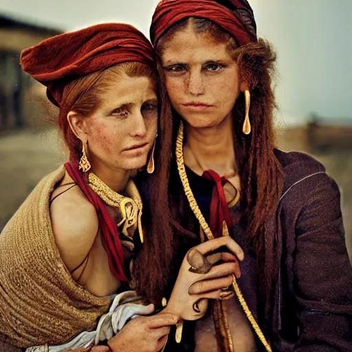 Image similar to Beautiful 19th Century Barbary Coast pirate female models with Ginger hair and Golden hooped earrings photography by Steve McCurry